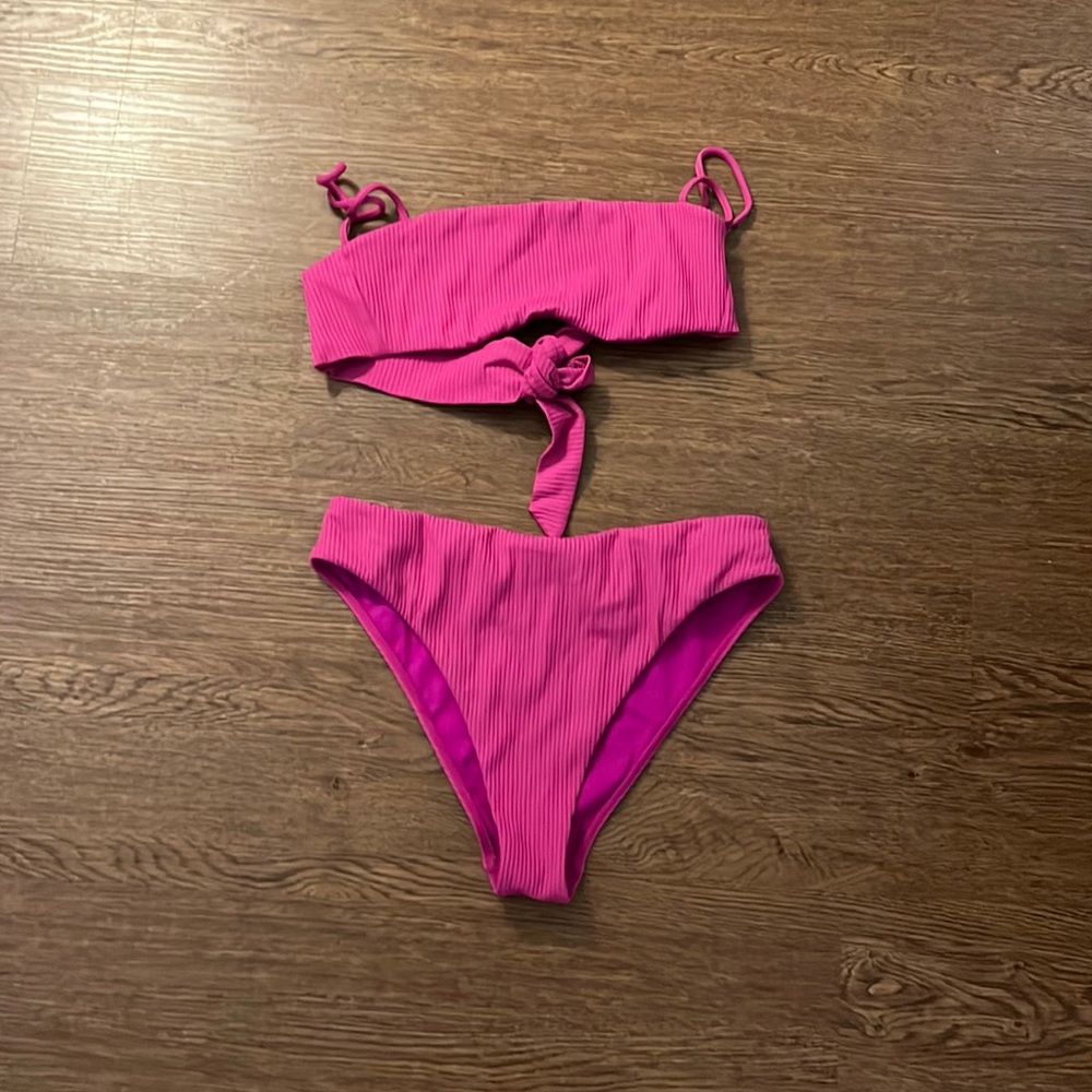 Pink bandeau and high waist bikini